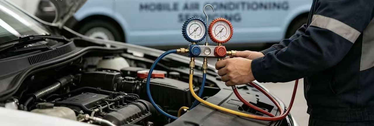 A manifold gauge set connected to a car’s air conditioning system during a pressure test