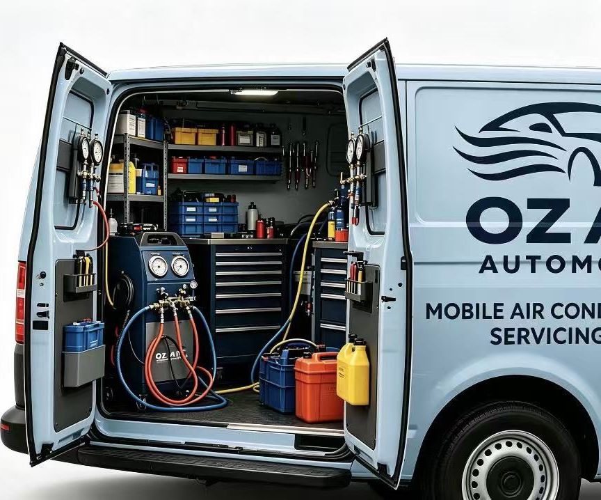 The rear of the Oz Air Automotive van open, showing the recovery machine, gauges and tooling carried on board